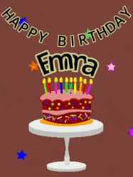 Happy Birthday Emma GIF: Animated birthday gif of a chocolate cartoon cake and stars. Animated text can be customized with name.