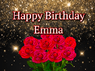 Happy Birthday Emma GIF: A beautiful birthday gif with a bouquet of flowers and animated hearts on a black and glitter background.