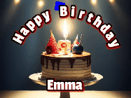 Happy Birthday Emma GIF: Animated happy birthday gif with a cake and flickering candles with colorful falling confetti and text reading Happy Birthday