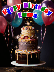 Happy Birthday Emma GIF: Beautiful birthday cake animated gif, a celebration of balloons, confetti, and sparklers. Customize banner and name.
