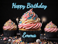 Happy Birthday Emma GIF: A delicious cupcake gif with animated sparkles reading Happy Birthday with a name to customize