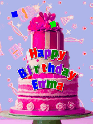 Happy Birthday Emma GIF: A big beautiful birthday cake gif with falling confetti, sparklers, and balloons, reads Happy Birthday Name. Customize it.