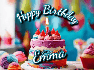 Happy Birthday Emma GIF: Animated Happy Birthday Gif reading Happy Birthday Customize. Depicts a colorful birthday with flickering candles and glitter.