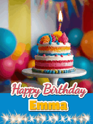 Happy Birthday Emma GIF: A birthday card gif with a cake and candle and a blue ribbon with animated sparklers. Reads Happy Birthday Name