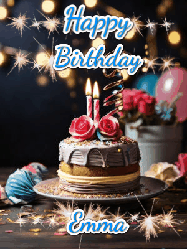 Happy Birthday Emma GIF: Sparkles and glitter happy birthday gif with a cake and flickering candles and sparklers behind the words happy birthday customize