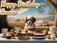 Happy Birthday Emma GIF: Animated birthday gif with a dog at a fancy birthday table loaded with cakes as hearts appear. It reads Happy Birthday Customize.