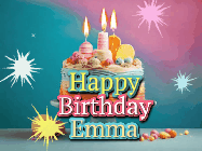 Happy Birthday Emma GIF: A colorful animated Happy Birthday Cake GIF with swirling sparkles and flickering candles. It reads Happy Birthday Name