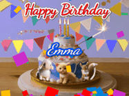 Happy Birthday Emma GIF: Happy Birthday Cake GIF with a cat, lamb, and squirrel on the cake with flickering candles, a sparkler, and falling confetti. Reads Happy Birthday Name and you can customize the name