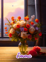 Happy Birthday Emma GIF: A vase of flowers and animated hearts pop in and out as the words Happy Birthday Name appears that you can customize