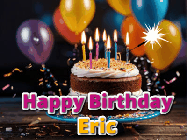 Happy Birthday Eric GIF: A birthday cake with flickering candles gif with text reading Happy Birthday and a Name slot to customize