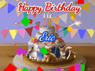 Happy Birthday Eric GIF: Happy Birthday Cake GIF with a cat, lamb, and squirrel on the cake with flickering candles, a sparkler, and falling confetti. Reads Happy Birthday Name and you can customize the name