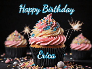 Happy Birthday Erica GIF: A delicious cupcake gif with animated sparkles reading Happy Birthday with a name to customize