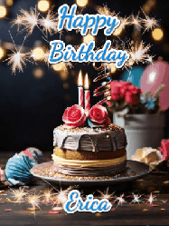 Happy Birthday Erica GIF: Sparkles and glitter happy birthday gif with a cake and flickering candles and sparklers behind the words happy birthday customize