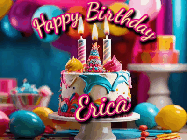 Happy Birthday Erica GIF: Animated birthday gif with a beautiful colorful birthday can and sparkles in the air. It reads Happy Birthday Customize.