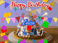 Happy Birthday Erica GIF: Happy Birthday Cake GIF with a cat, lamb, and squirrel on the cake with flickering candles, a sparkler, and falling confetti. Reads Happy Birthday Name and you can customize the name