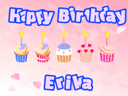 Happy Birthday Erika GIF: Pink animated birthday gif with 5 cupcakes and candles and animated text you can customize with name.
