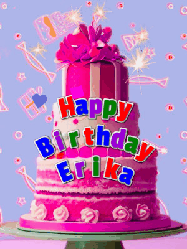 Happy Birthday Erika GIF: A big beautiful birthday cake gif with falling confetti, sparklers, and balloons, reads Happy Birthday Name. Customize it.