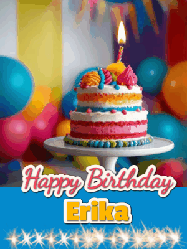 Happy Birthday Erika GIF: A birthday card gif with a cake and candle and a blue ribbon with animated sparklers. Reads Happy Birthday Name