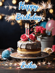 Happy Birthday Erika GIF: Sparkles and glitter happy birthday gif with a cake and flickering candles and sparklers behind the words happy birthday customize