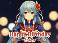 Happy Birthday Erika GIF: Anime girl holding a birthday cake and an animated sword falls into it. Text reads Happy Birthday Customize