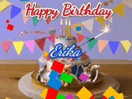 Happy Birthday Erika GIF: Happy Birthday Cake GIF with a cat, lamb, and squirrel on the cake with flickering candles, a sparkler, and falling confetti. Reads Happy Birthday Name and you can customize the name