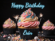 Happy Birthday Erin GIF: A delicious cupcake gif with animated sparkles reading Happy Birthday with a name to customize