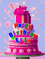 Happy Birthday Erin GIF: A big beautiful birthday cake gif with falling confetti, sparklers, and balloons, reads Happy Birthday Name. Customize it.