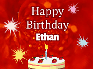 Happy Birthday Ethan GIF: A bright red happy birthday gif animated with a cake candle, and glitter and sparkles. Customize with name.
