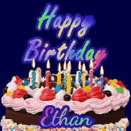 Happy Birthday Ethan GIF: A dark blue birthday gif with a beautiful cake with flickering candles, background sparkles and a name to customize.