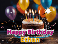 Happy Birthday Ethan GIF: A birthday cake with flickering candles gif with text reading Happy Birthday and a Name slot to customize
