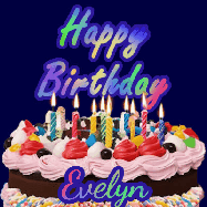 Happy Birthday Evelyn GIF: A dark blue birthday gif with a beautiful cake with flickering candles, background sparkles and a name to customize.