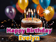 Happy Birthday Evelyn GIF: A birthday cake with flickering candles gif with text reading Happy Birthday and a Name slot to customize