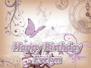 Happy Birthday Evelyn GIF: Classical birthday gif background with colorful musical notes floating past and a name you can customize, reads Happy Birthday.