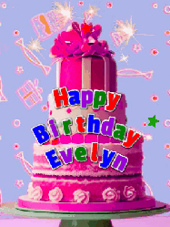 Happy Birthday Evelyn GIF: A big beautiful birthday cake gif with falling confetti, sparklers, and balloons, reads Happy Birthday Name. Customize it.