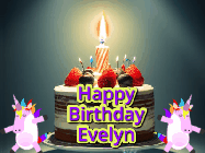 Happy Birthday Evelyn GIF: An animated gif with 2 unicorns and a birthday candle on a cake.