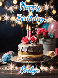 Happy Birthday Evelyn GIF: Sparkles and glitter happy birthday gif with a cake and flickering candles and sparklers behind the words happy birthday customize