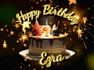 Happy Birthday Ezra GIF: Bursting stars fall past a birthday cake in this animated birthday gif with name you can customize. Dark background.