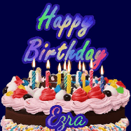 Happy Birthday Ezra GIF: A dark blue birthday gif with a beautiful cake with flickering candles, background sparkles and a name to customize.