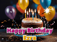 Happy Birthday Ezra GIF: A birthday cake with flickering candles gif with text reading Happy Birthday and a Name slot to customize