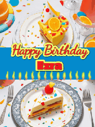 Happy Birthday Ezra GIF: Happy Birthday GIF showing a birthday cake place setting with a row of candles under a 2 line banner to customize.