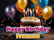 Happy Birthday Frances GIF: A birthday cake with flickering candles gif with text reading Happy Birthday and a Name slot to customize