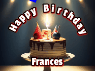 Happy Birthday Frances GIF: Animated happy birthday gif with a cake and flickering candles with colorful falling confetti and text reading Happy Birthday