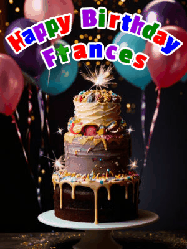 Happy Birthday Frances GIF: Beautiful birthday cake animated gif, a celebration of balloons, confetti, and sparklers. Customize banner and name.