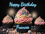 Happy Birthday Frances GIF: A delicious cupcake gif with animated sparkles reading Happy Birthday with a name to customize