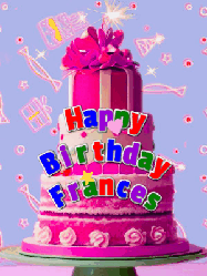 Happy Birthday Frances GIF: A big beautiful birthday cake gif with falling confetti, sparklers, and balloons, reads Happy Birthday Name. Customize it.