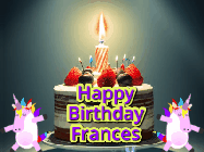 Happy Birthday Frances GIF: An animated gif with 2 unicorns and a birthday candle on a cake.
