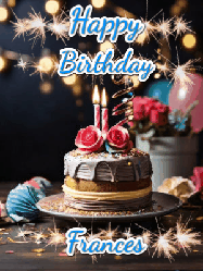 Happy Birthday Frances GIF: Sparkles and glitter happy birthday gif with a cake and flickering candles and sparklers behind the words happy birthday customize