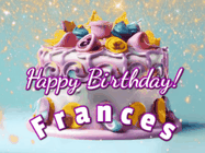 Happy Birthday Frances GIF: A beautiful birthday cake gif with animated sparkles and glitter Happy Birthday Name you can customize