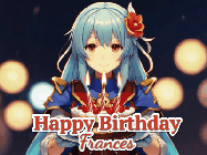 Happy Birthday Frances GIF: Anime girl holding a birthday cake and an animated sword falls into it. Text reads Happy Birthday Customize