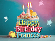 Happy Birthday Frances GIF: A colorful animated Happy Birthday Cake GIF with swirling sparkles and flickering candles. It reads Happy Birthday Name